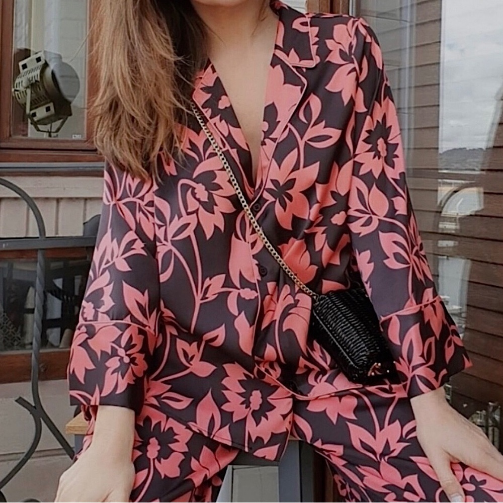 Zara Print Shirt Flowy Pajama Style Top Oversize Button Up Blouse Size XS